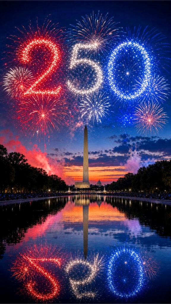 Fourth of July fireworks over the National Mall in Washington D.C. with a glowing 250 anniversary display in the night sky.