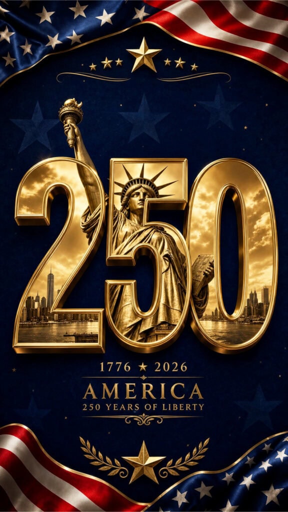 Luxury America250 wallpaper featuring a metallic gold 250 with the Statue of Liberty reflected in the numerals.