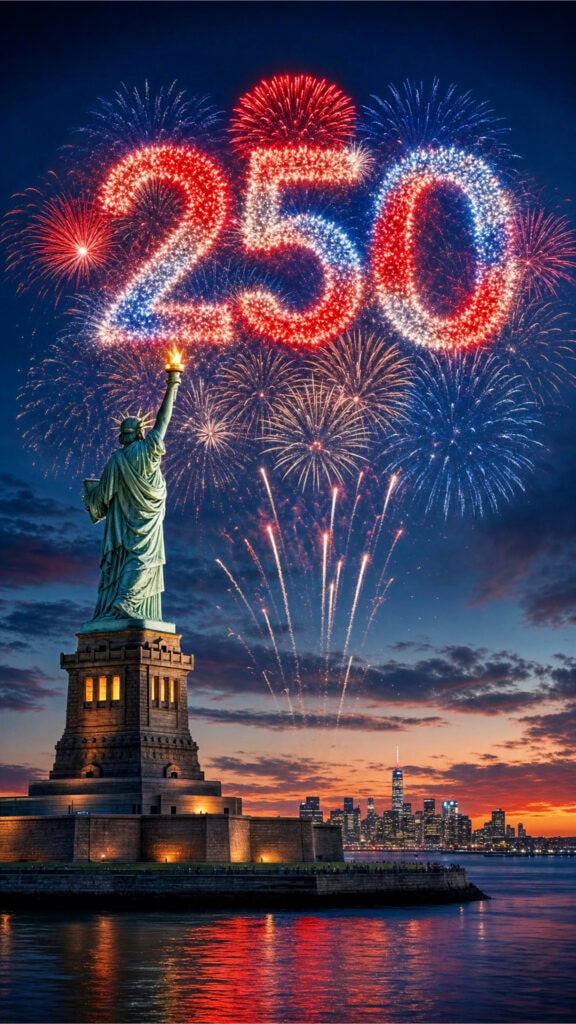 Statue of Liberty wallpaper with fireworks forming the number 250 above New York Harbor for America's 250th anniversary.