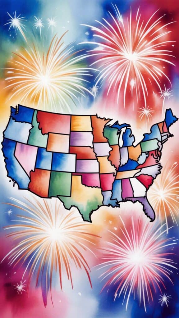USA Map with Fireworks Background