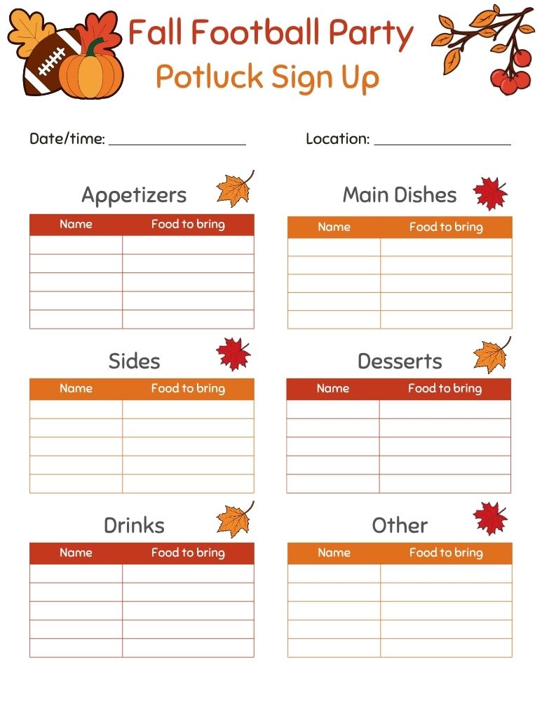 Fall Football Party Potluck Sign Up