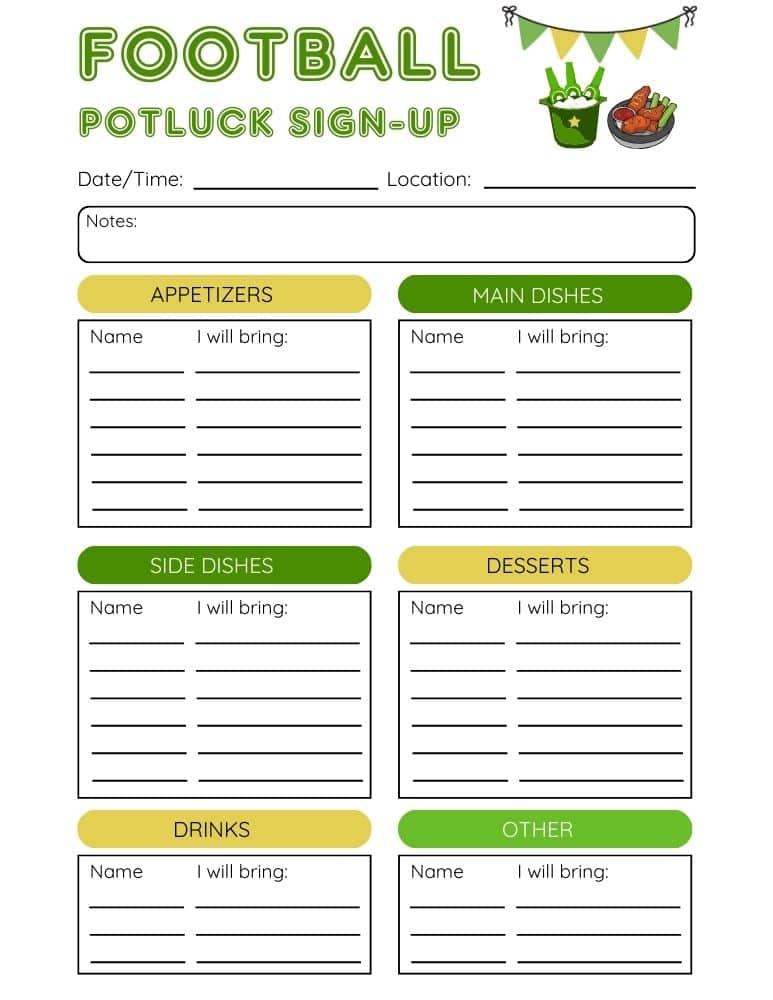 Green Football Potluck Sign Up Sheet