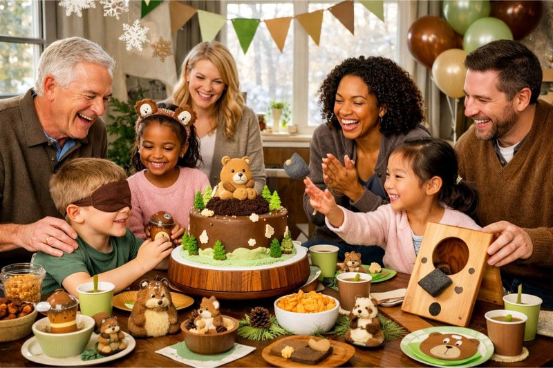 A group of people enjoying a festive indoor party decorated with groundhog-themed items and winter-spring accents.