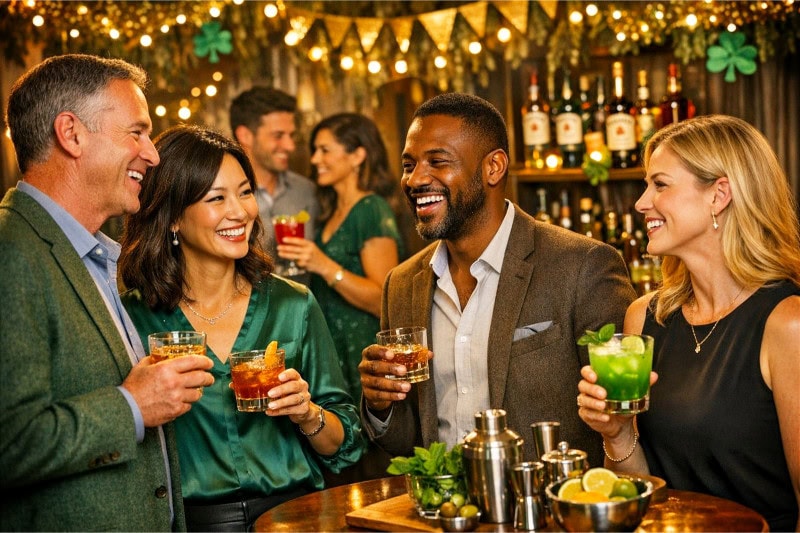 People enjoying Irish whiskey and cocktails at a lively indoor party with warm lighting and festive decorations.