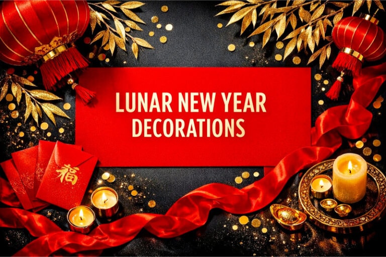 Lunar New Year Party Decor featured. Styled flat-lay arrangement of festive decor items: ornate red paper lanterns, gold metallic accents, red lucky envelopes, decorative bamboo branches with gold leaf details, gold confetti, red silk ribbons, and elegant candles.