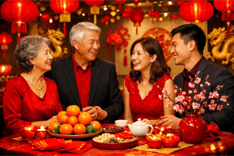 People celebrating Lunar New Year indoors with red and gold decorations and festive table settings.
