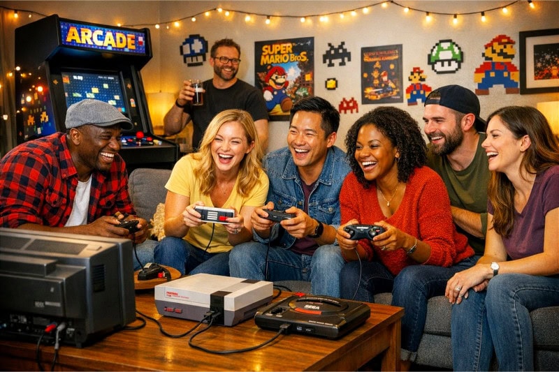 A group of people enjoying a retro video game themed party with vintage game consoles and an arcade machine in a decorated living room.