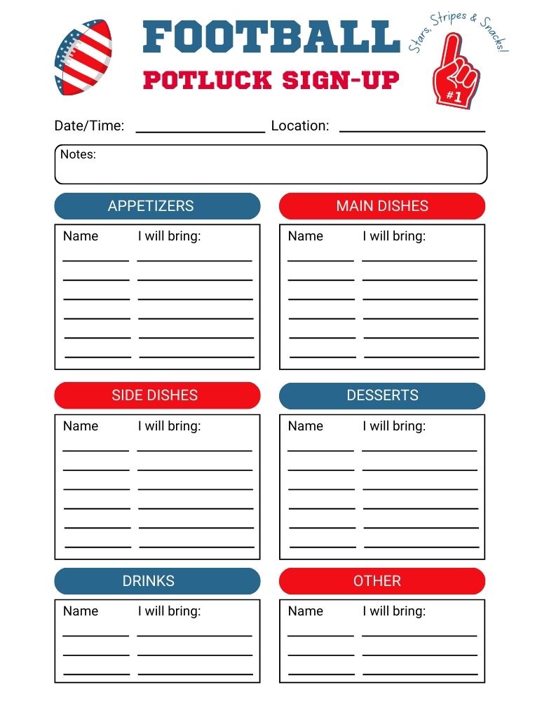 Red, White and Blue Football Potluck Sign Up Sheet