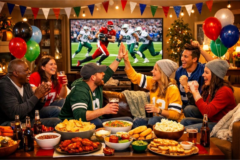 A group of people enjoying a lively indoor Super Bowl Sunday party with football decorations, snacks, and a large TV showing a game.