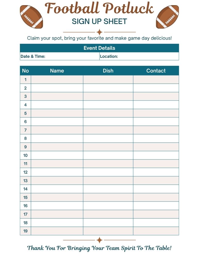 Teal and Brown Football Potluck Sign Up Sheet