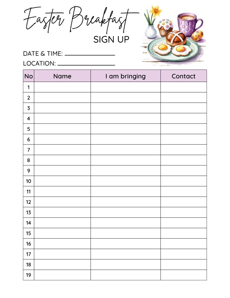 Easter Breakfast Sign Up Sheet 6