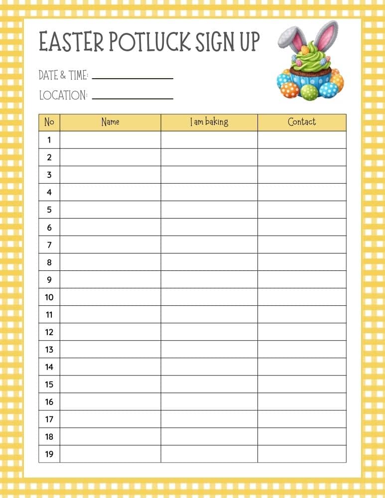Easter Potluck Sign Up Sheet 1