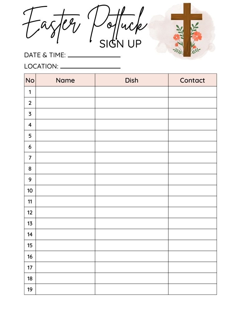 Easter Potluck Sign Up Sheet 5