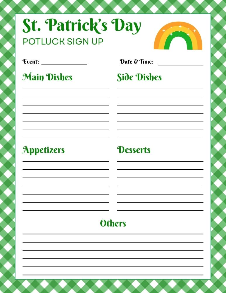 St. Patrick's Day Potluck Sign Up Sheet 1