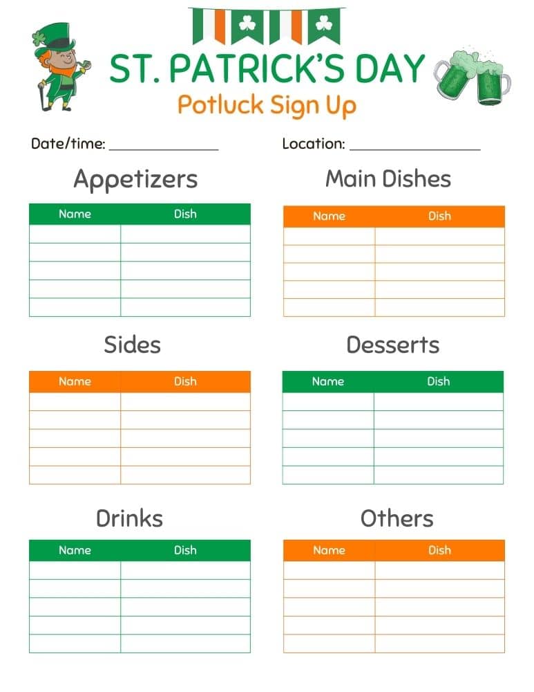 St. Patrick's Day Potluck Sign Up Sheet 2