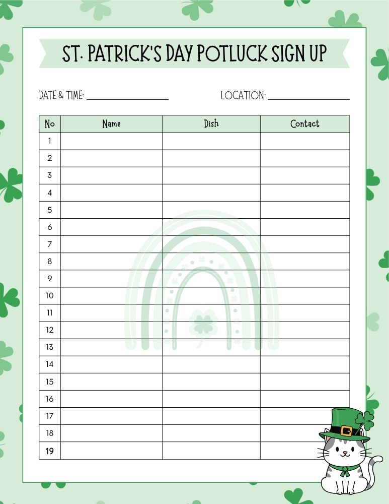 St. Patrick's Day Potluck Sign Up Sheet 3