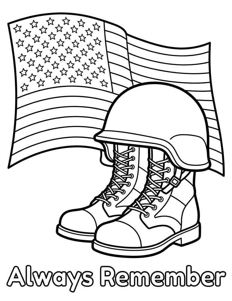 Always Remember helmet and boots tribute coloring page with American flag and clean outlines
