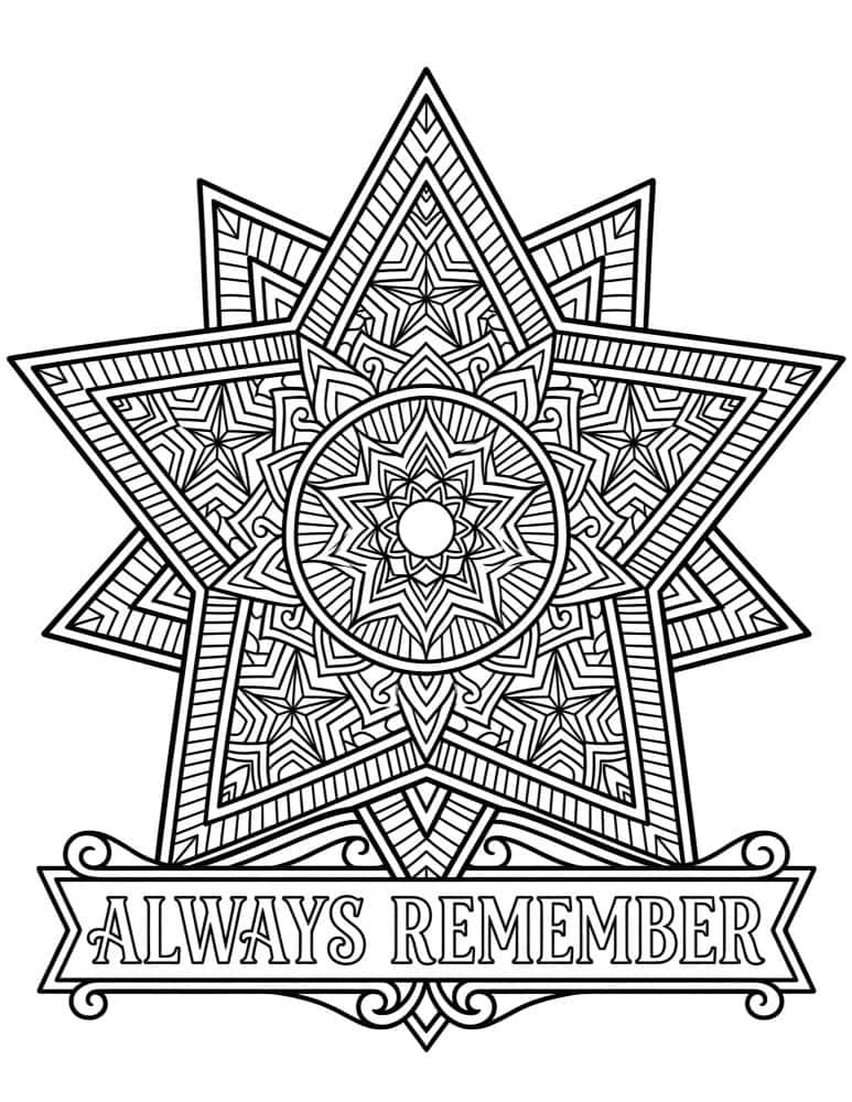 Star mandala patriotic coloring page with detailed star patterns and Always Remember text