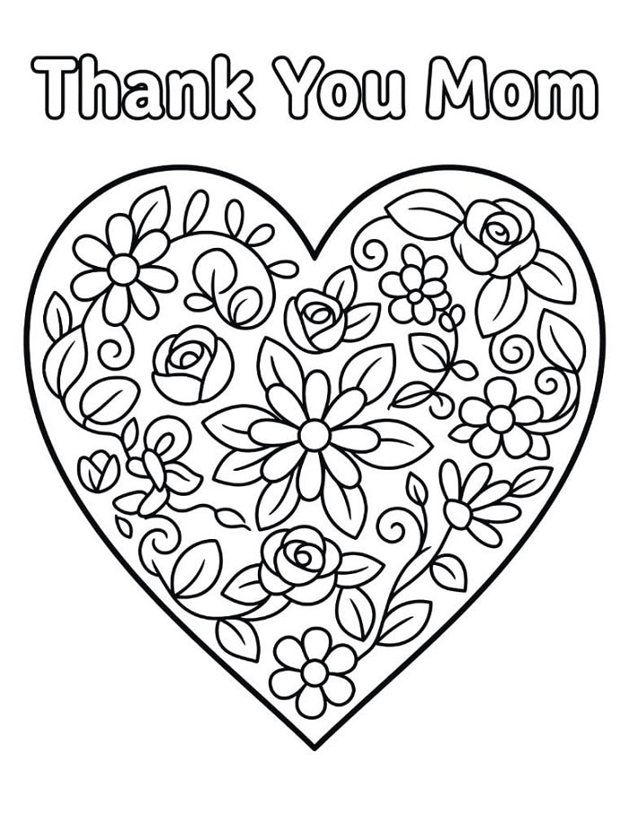 thank you mom heart flowers coloring page printable free