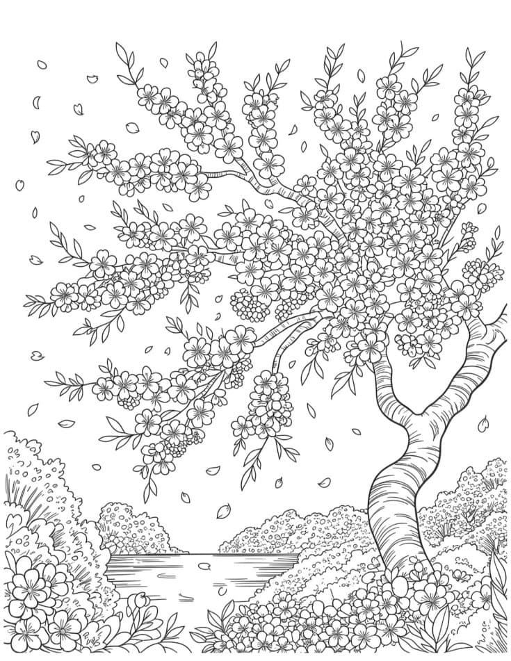 Black and white coloring page of a cherry blossom tree in full bloom, falling petals, detailed branches, scenic composition