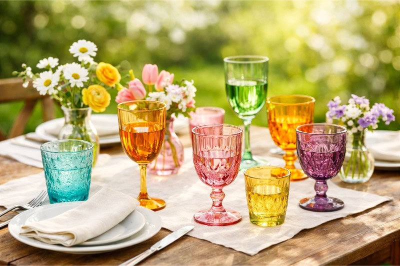 A dining table set outdoors with colorful glassware, fresh flowers, and white plates arranged for a spring meal.