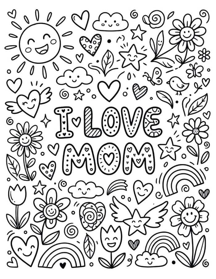 i love mom doodle coloring page printable for kids