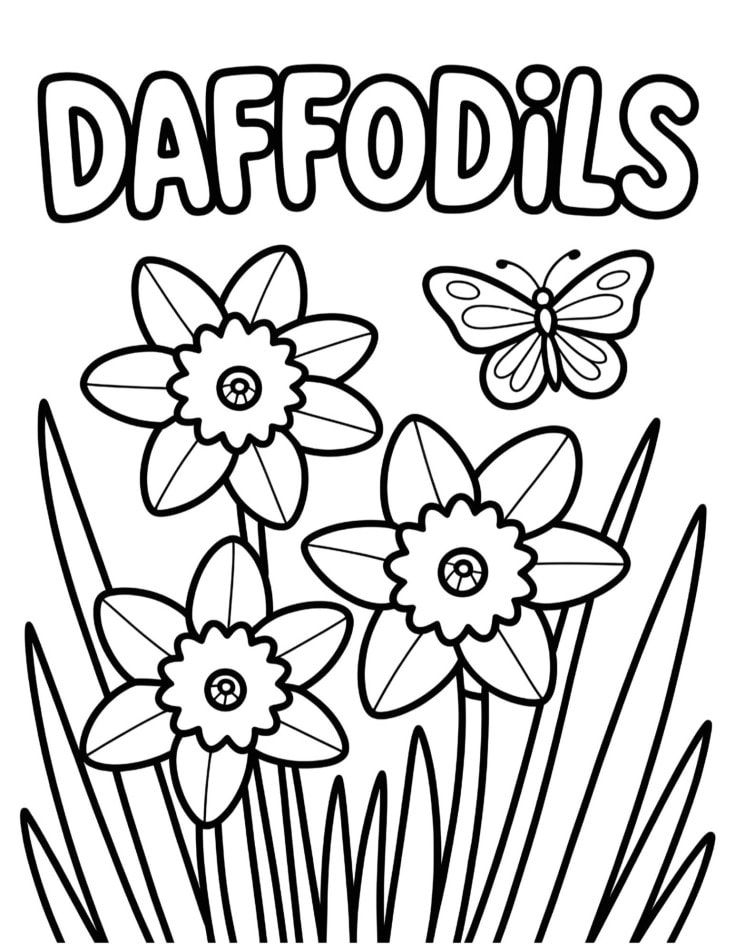 Black and white coloring page of daffodils with large bubble letters spelling ‘DAFFODILS’ at the top, one simple butterfly flying nearby