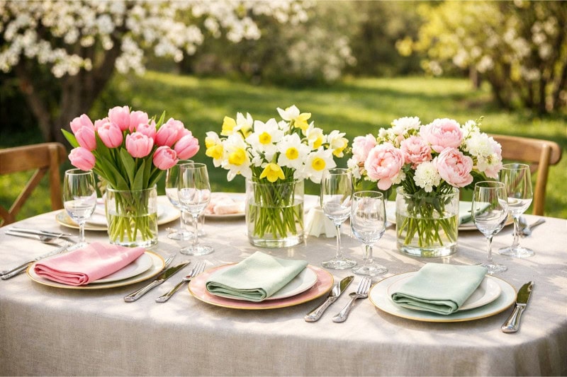 An outdoor table set for spring with fresh flowers, plates, glasses, and silverware surrounded by green grass and blooming trees.