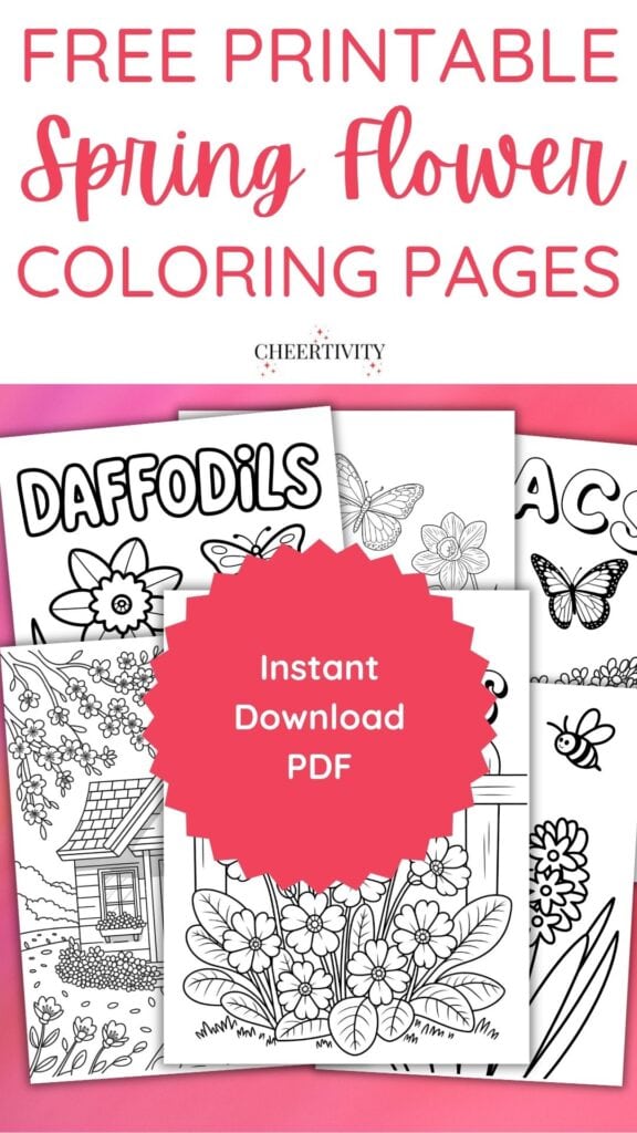 Spring flower coloring pages on a flatlay background, Pinterest image.