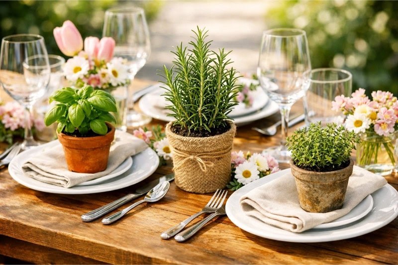 A wooden dining table set outdoors with fresh herb pots at each place setting, surrounded by plates, silverware, and spring flowers.