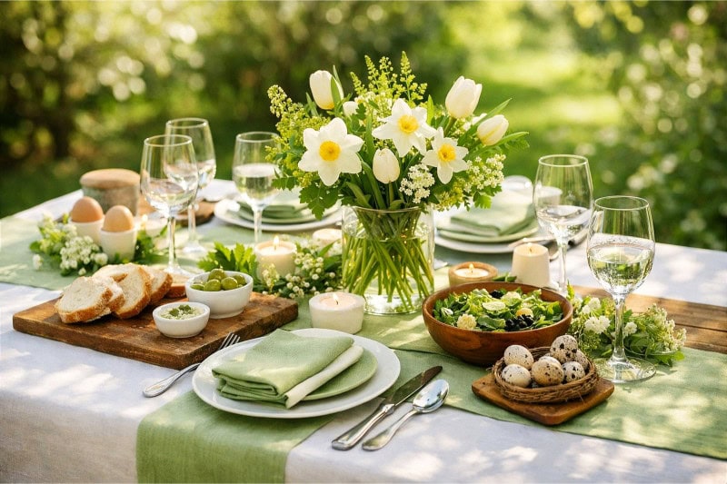A beautifully arranged outdoor table with green foliage, spring flowers, and tableware set for a meal.