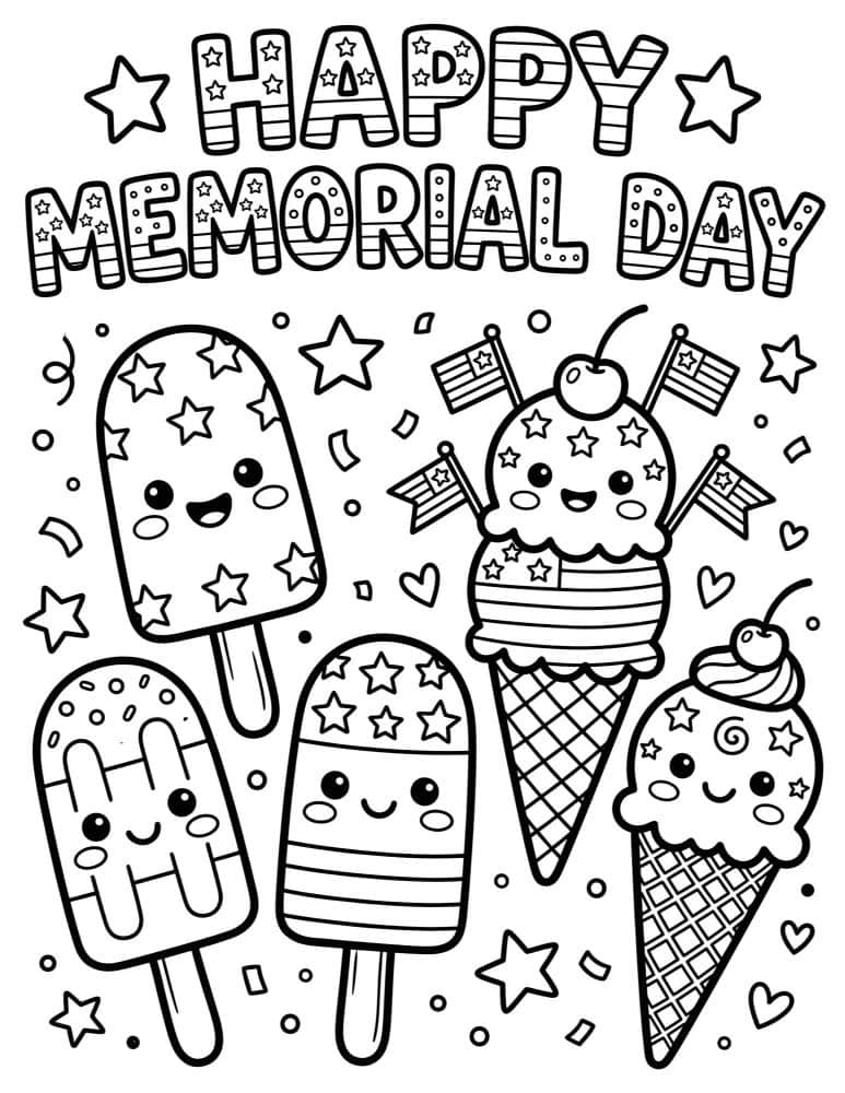 Patriotic ice cream and popsicles coloring page with stars and stripes designs and fun summer theme