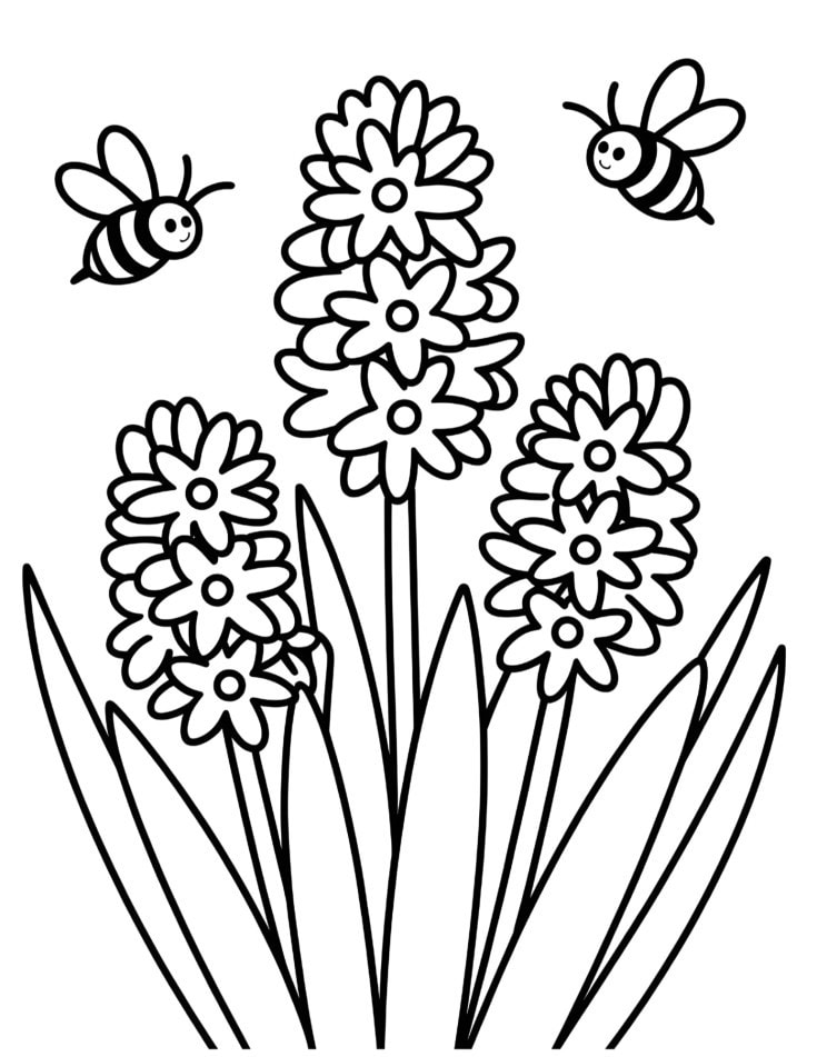 Black and white coloring page of hyacinths with two simple bees flying around