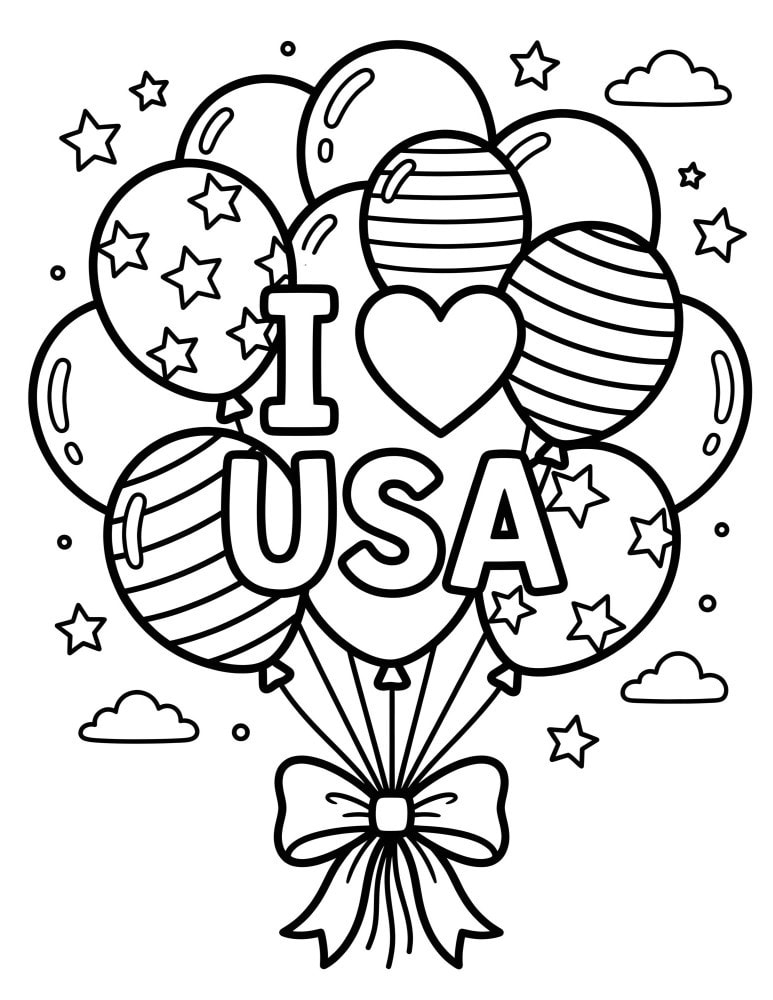 Patriotic balloons coloring page with stars and stripes patterns and I heart USA text