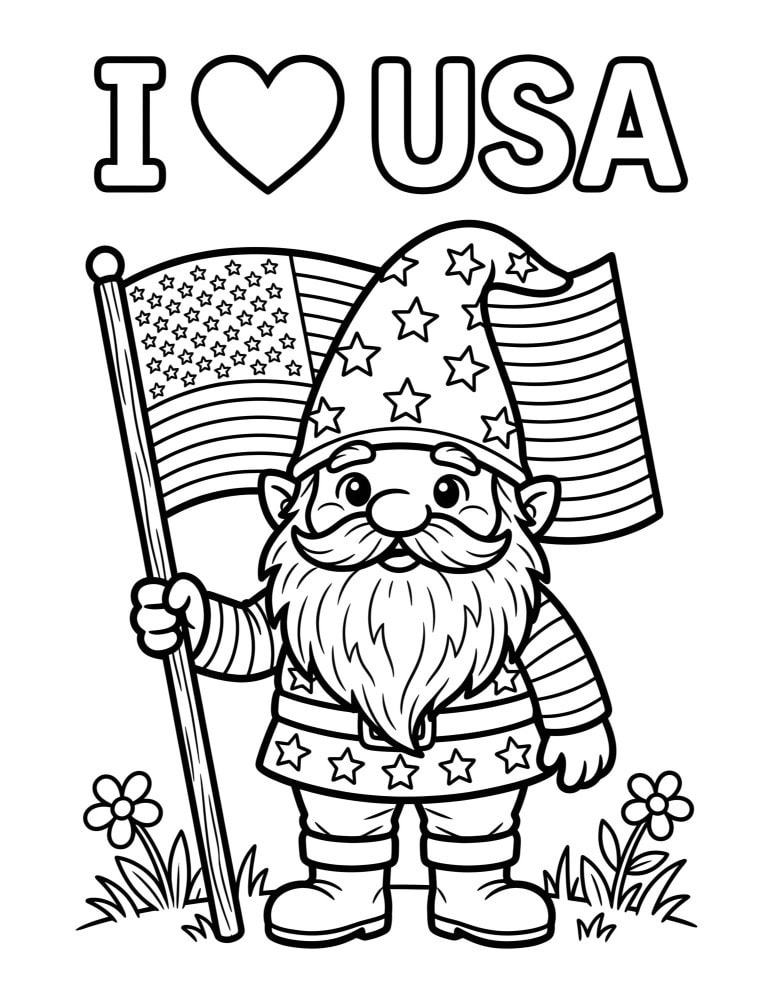Patriotic gnome coloring page holding American flag with simple bold lines and I heart USA text
