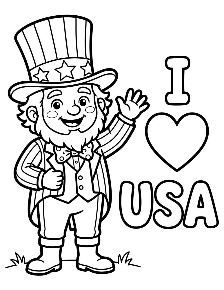 Uncle Sam cartoon coloring page with waving character and I heart USA text in bold outlines