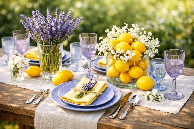 A spring table set outdoors with lavender blue plates, lemon yellow napkins, fresh lavender flowers, and lemons arranged as centerpieces on a wooden table.