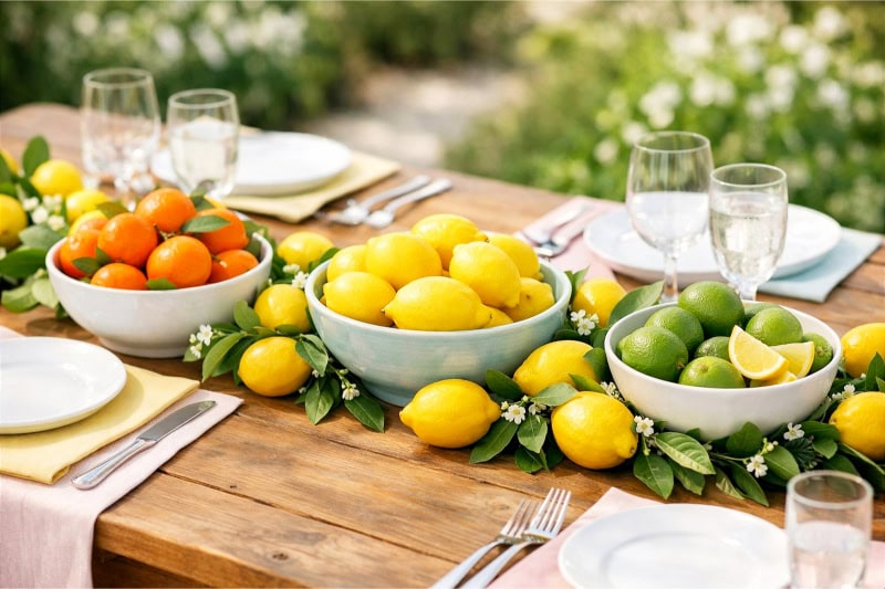 A wooden table set with lemon garlands and bowls filled with lemons, oranges, and limes, surrounded by plates, glassware, and pastel linens in an outdoor setting.