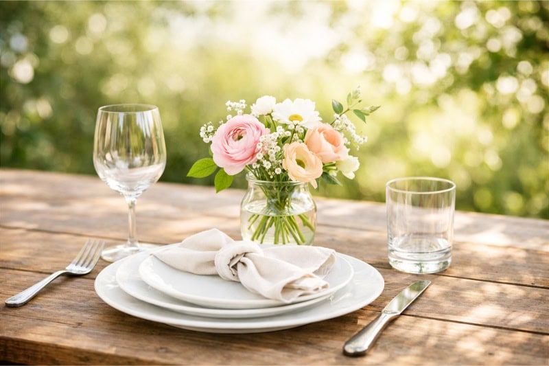 A simple spring table setting with flowers, plates, napkins, and glassware on a wooden table outdoors.