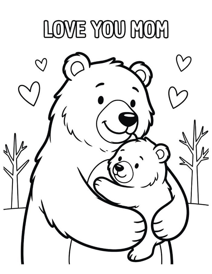 mom bear hugging baby bear love you mom coloring page printable