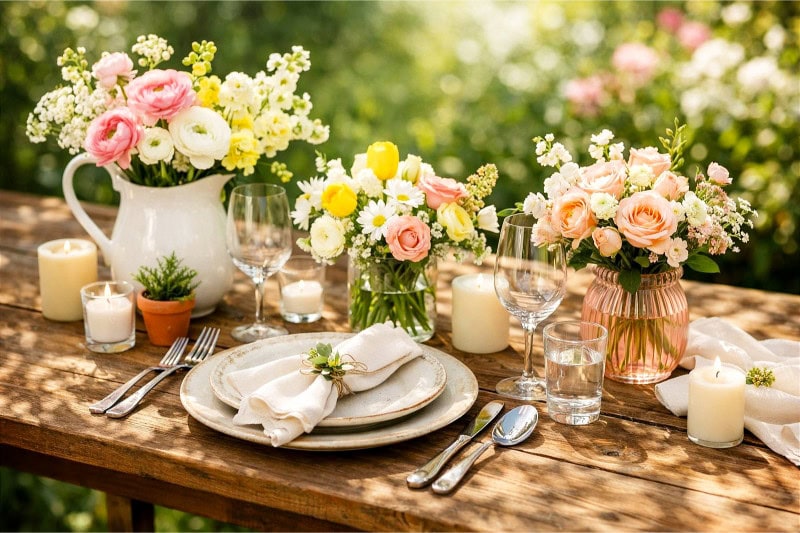 A wooden table outdoors set with fresh flowers, ceramic plates, glassware, and candles surrounded by green foliage and spring blossoms.
