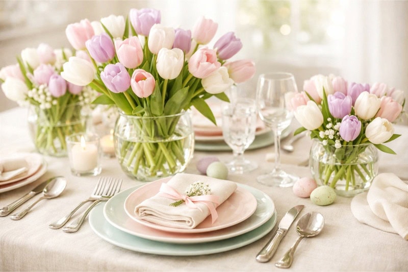 A spring table decorated with fresh tulips in pastel colors, ceramic plates, silver cutlery, and linen napkins.