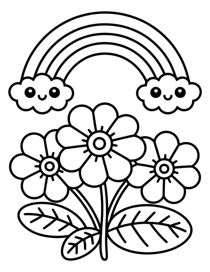 Black and white coloring page of primrose flowers with a simple rainbow in the background