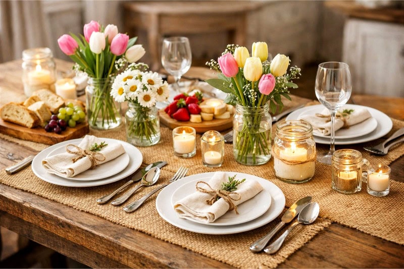 A wooden farmhouse table set with burlap runners, spring flowers in vases, white plates, silverware, linen napkins, candles, and seasonal fruits in a warm, softly lit room.
