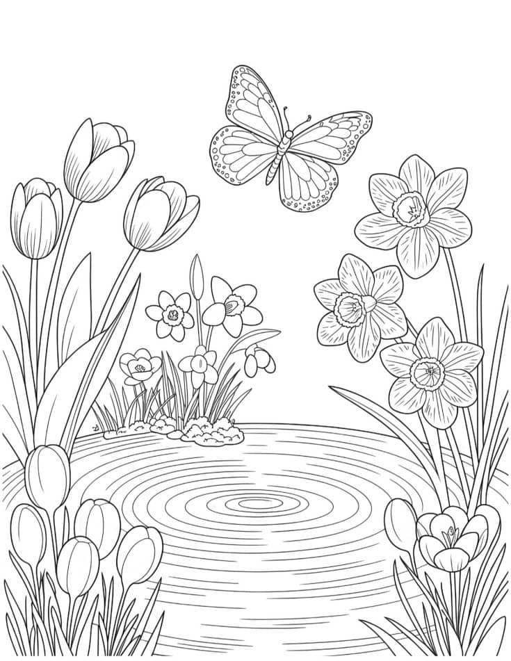 Black and white coloring page of a peaceful pond surrounded by spring flowers including tulips, daffodils, and crocus, with a butterfly flying above