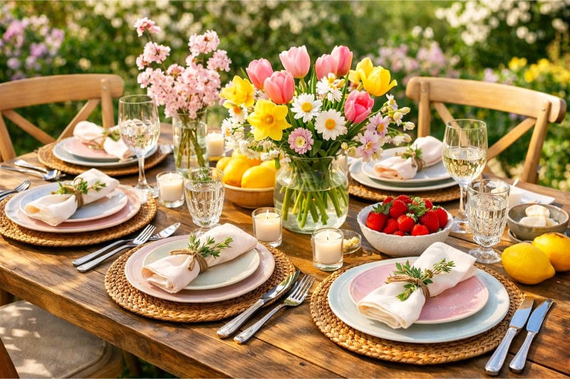 A wooden outdoor table set with spring flowers, pastel plates, glassware, and fresh fruits in a garden setting.