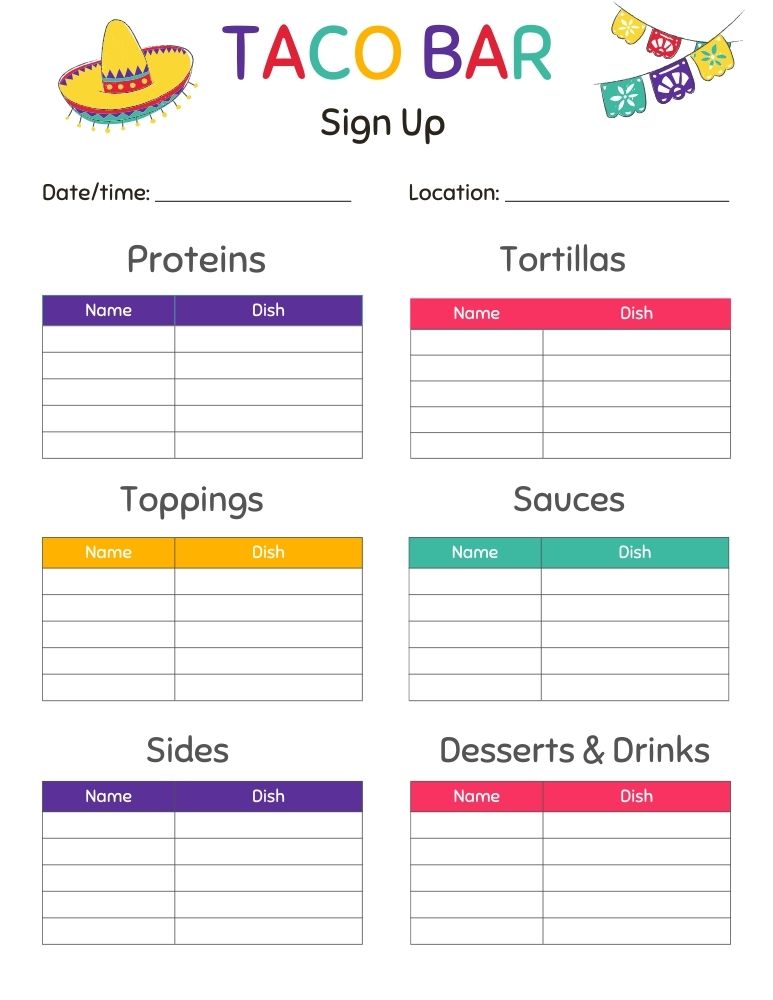 Taco Bar Potluck Sign Up Sheet 3
