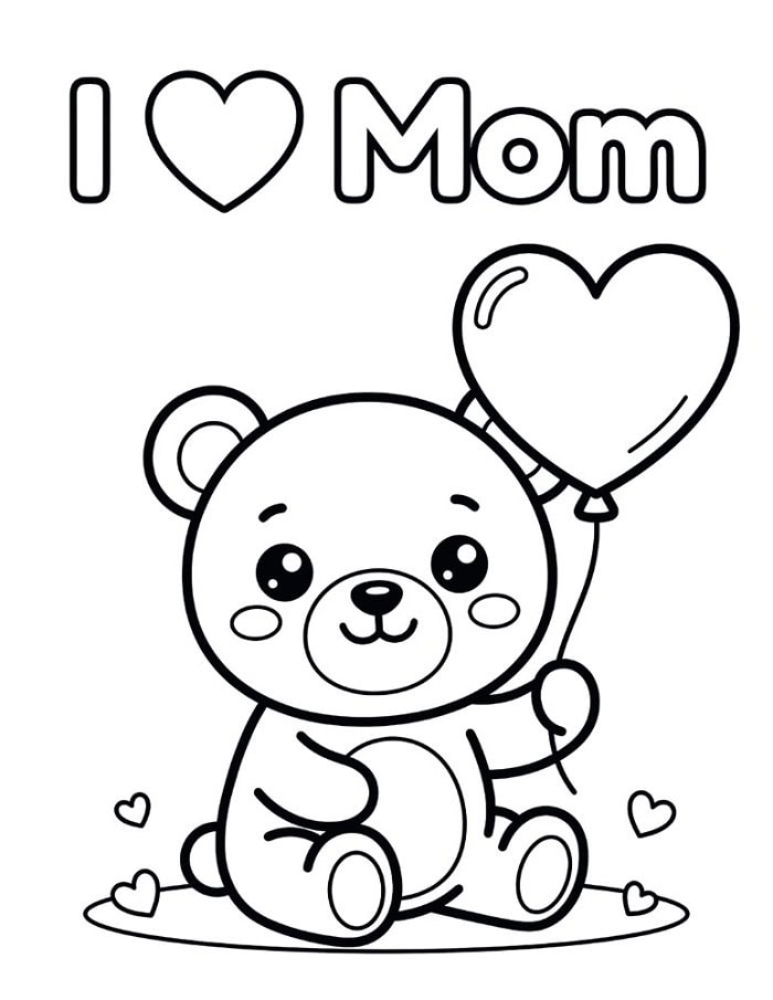 teddy bear holding heart balloon I love mom coloring page free printable