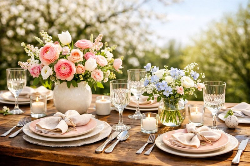 A beautifully arranged outdoor spring table with flowers, plates, cutlery, and glassware set for a meal.