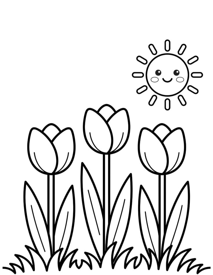 “Black and white coloring page of three large tulips with simple leaves, bold clean outlines, minimal detail, a small smiling sun in the corner